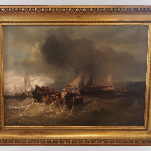 Grand tableau représentant une marine avec des Voiliers et barque