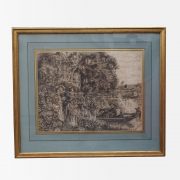 Élégante scène faite au fusain d'époque XIXeme