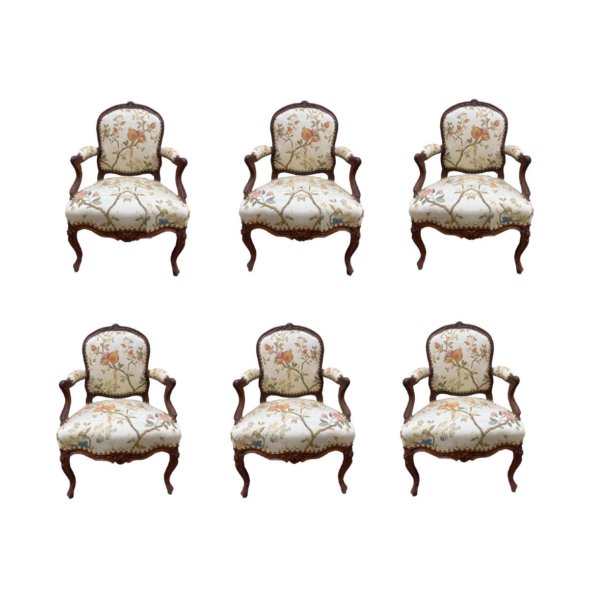 Ravissante suite de six fauteuils à dossier plat d’époque Louis XV en bois naturel