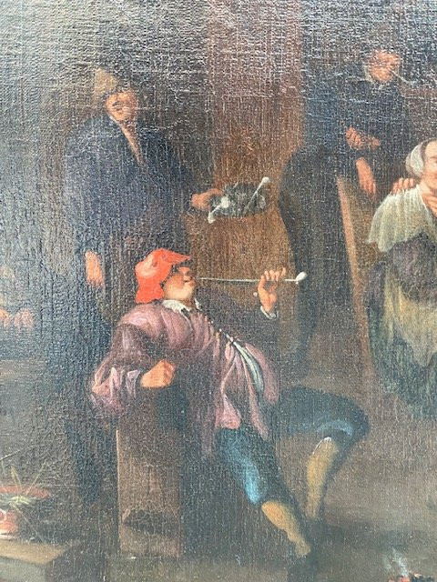 Grand Tableau Flamand représentant une joyeuse scène de taverne animée d’époque XVIIe – Image 3