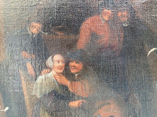 Grand Tableau Flamand représentant une joyeuse scène de taverne animée d’époque XVIIe – Image 4