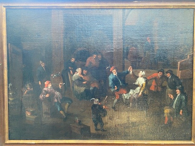 Grand Tableau Flamand représentant une joyeuse scène de taverne animée d’époque XVIIe – Image 5