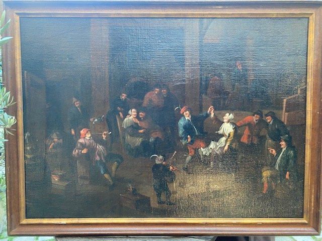 Grand Tableau Flamand représentant une joyeuse scène de taverne animée d’époque XVIIe – Image 6