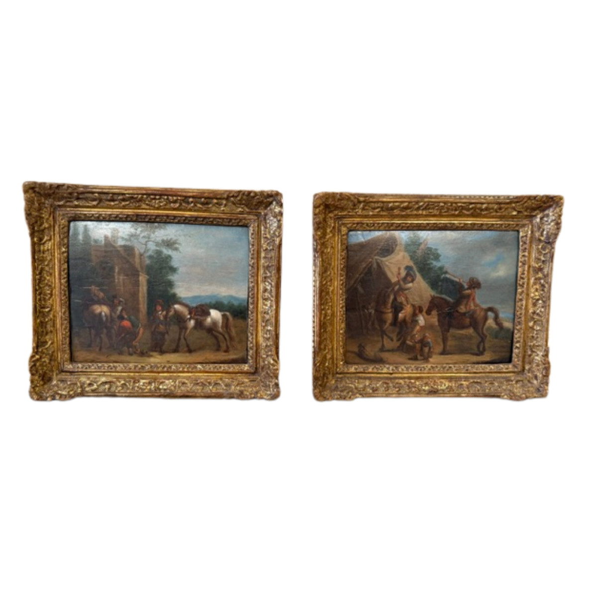 Paire de tableaux sur panneaux de bois représentant deux scènes champêtre d’époque XVIII eme