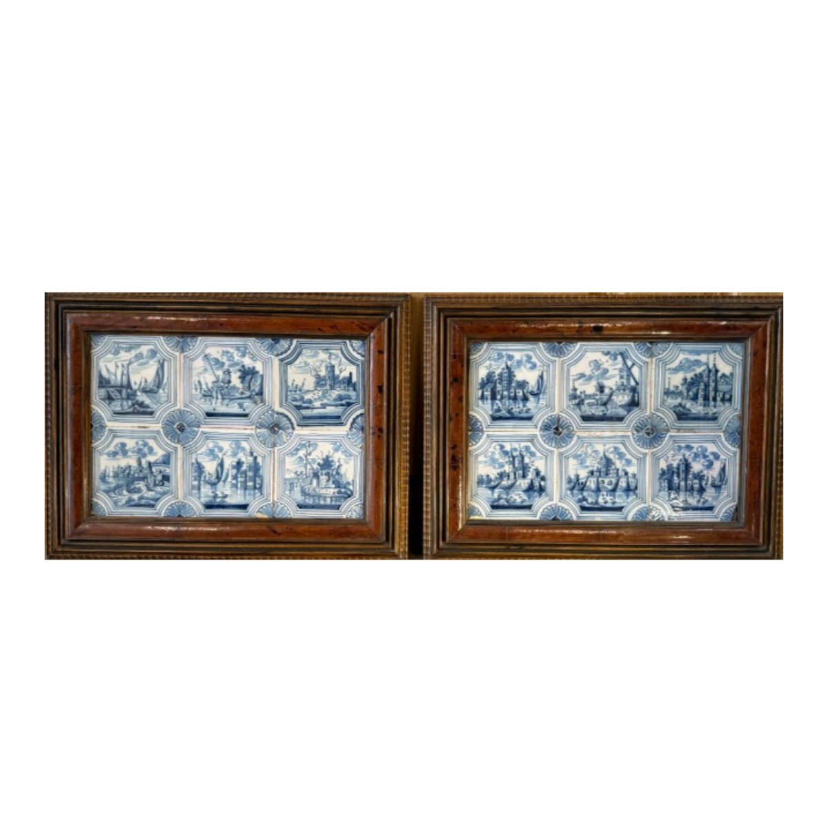 Paire de cadres contenant douze carreaux de Delft d’époque XVIIIe
